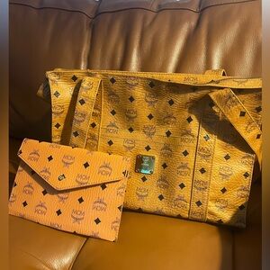 Authentic MCM Vintage Visetos Leather Tote Bag with Clutch